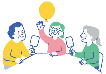 Elderly men and women playing with balloons_color