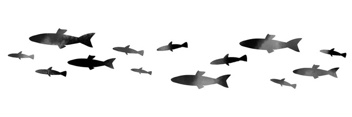 モノクロ水彩風　海を泳ぐ魚たちのイラスト