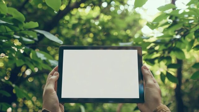 Portrait of an adult male's right arm and hand displaying a tablet computer screen in front of a blurred natural environment background. The tablet is held up against the sunlight with trees visible.
