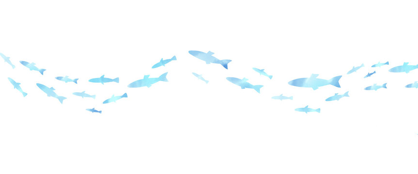 水彩風　青い魚が波のように泳ぐイラスト