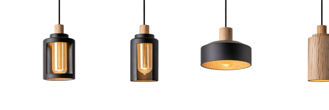 Four pendant lamps with black metal bodies and wooden accents.  Each lamp features a distinct shape, a warm-toned bulb, and a dark background