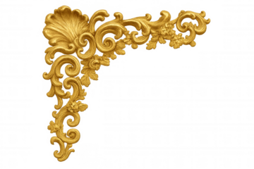 Golden baroque corner ornament with shell and floral motifs, luxurious vintage design element, transparent background
