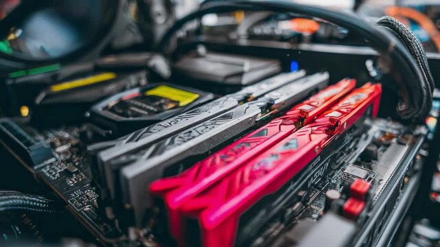 Closeup of RAM installation in a compact desktop focusing on precise placement of memory modules for efficient system upgrade