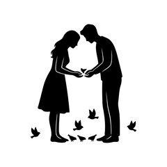 Valentine vector art of silhouette of couple releasing birds