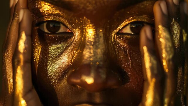 A joyful person with a radiant golden glow covering their face and arms, symbolizing happiness and positivity.