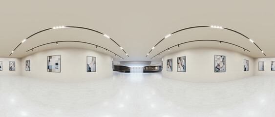 Full spherical hdri panorama 360 degrees of empty exhibition space. backdrop for exhibitions and events. Tile floor. Marketing mock up. 3D render illustration	