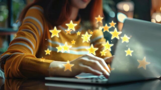 Happy person using laptop with glowing stars around hands