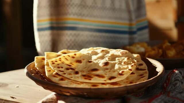 Close-up of a plate with three golden brown chapatis on a rustic wooden table.