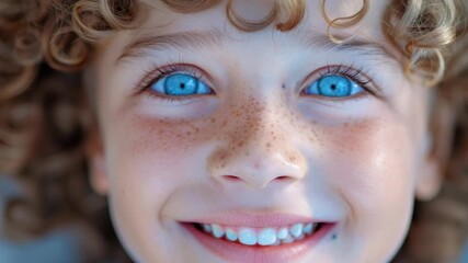 A young child with radiant blue eyes and curly hair smiles joyfully at the camera, exuding a sense of innocence and pure happiness.