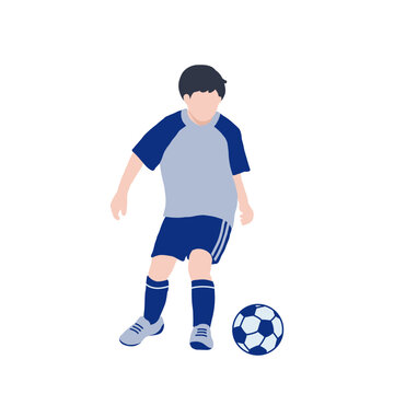フラットイラスト　サッカーボールを蹴ろうとしている少年　ブルーユニフォーム　全身