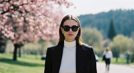 Woman wearing sunglasses under blooming cherry trees