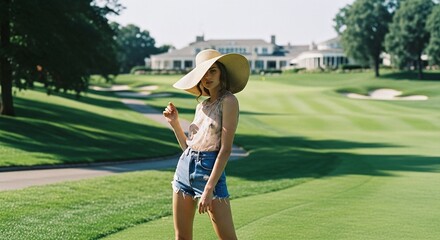 Woman in hat standing on green golf course