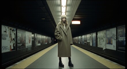 Woman in trench coat standing on subway platform