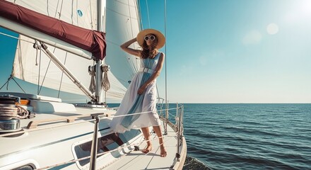 Woman in sun hat standing on sailboat at sea