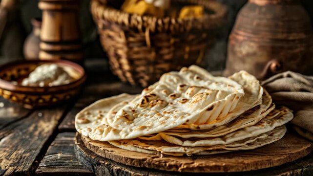 A stack of golden-brown flatbread with rustic textures sitting on a wooden surface alongside other kitchen items and utensils.