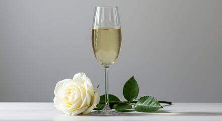Here's a title: single white rose rests beside slender glass of pale golden champagne,its delicate petals echoing the bubbly drink's promise celebration. Christmas and happy new year mood,copy space.