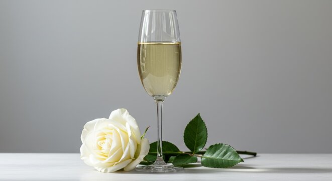 Here's a title: single white rose rests beside slender glass of pale golden champagne,its delicate petals echoing the bubbly drink's promise celebration. Christmas and happy new year mood,copy space.