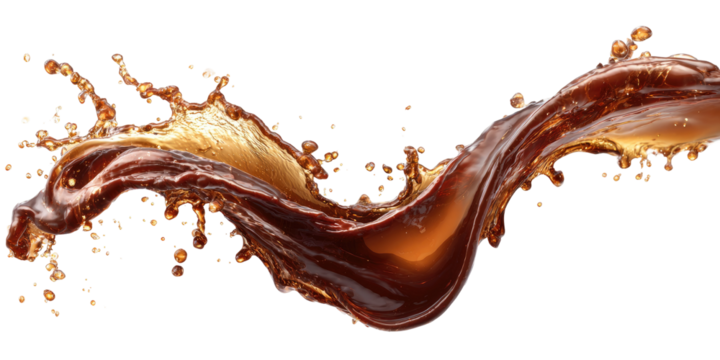 Brown liquid splashing in a dynamic, flowing arc against a black background