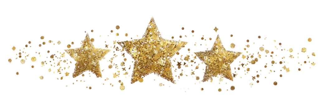 Gold stars with a speckled, fragmented design on a black background