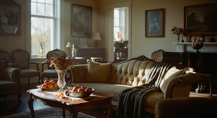 Sunlit classic living room with vintage sofa
