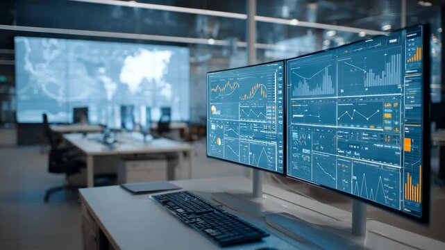 Medium shot of digital dashboards tracking both physical access and virtual activity in a modern hybrid office emphasizing datadriven security management.