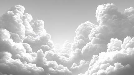Dramatic grayscale depiction of fluffy, billowing clouds in a vast, bright sky