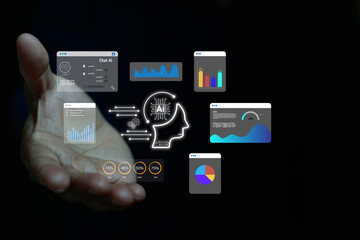 Human hand holding virtual AI interface with futuristic data dashboards, analytics charts and digital graphs, representing artificial intelligence, data analysis, smart business technology innovation.