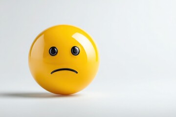 Fototapeta premium A bright yellow smiley face with downturned eyes and a frown sits on a white surface. The lighting highlights its glossy surface, creating a reflective quality.