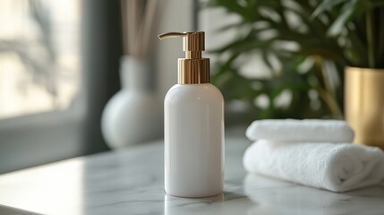 Minimalist bathroom scene with white pump bottle, towels, marble counter and leafy plant