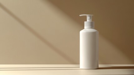 Simple white dispenser bottle on a light beige surface, with shadows creating an elegant look