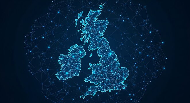 Digital representation of the United Kingdom and Ireland connected by a network of lines and dots, glowing blue on a dark background. - Powered by Adobe