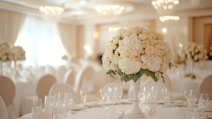 Elegant banquet hall, featuring tables adorned with floral arrangements and warm, soft lighting