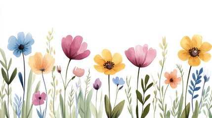 Watercolor illustration of colorful wildflowers with soft pastel hues, delicate stems, and airy composition, capturing a light, joyful garden mood. Ideal for spring themes, romance, nature decor,