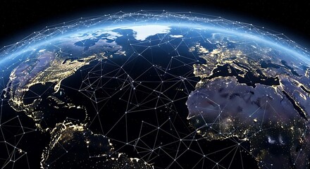 Global view of Earth at night with interconnected network lines overlaying the continents.
