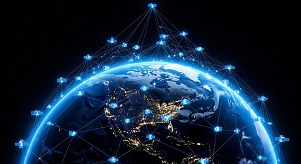 Global network communication represented by glowing nodes and lines connecting across the Earth.