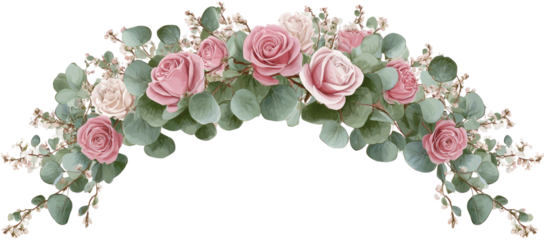 Delicate arch of pink and cream roses and eucalyptus