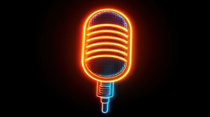 A glowing vintage microphone outline in neon orange and blue against a stark black background