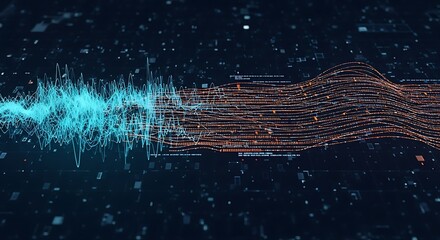 Abstract digital visualization depicting data flow, with blue and orange wave-like structures against a dark background.