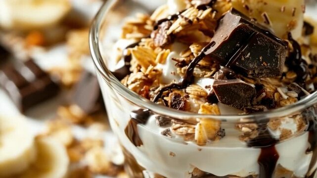 A tempting parfait featuring layers of yogurt, bananas, granola, and chocolate pieces. A nutritious and delicious dessert or breakfast option.