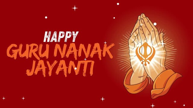 A spiritual vector illustration for the auspicious occasion of Guru Nanak Jayanti, showing praying hands holding the glowing Khanda, a sacred symbol of Sikhism, on a red background