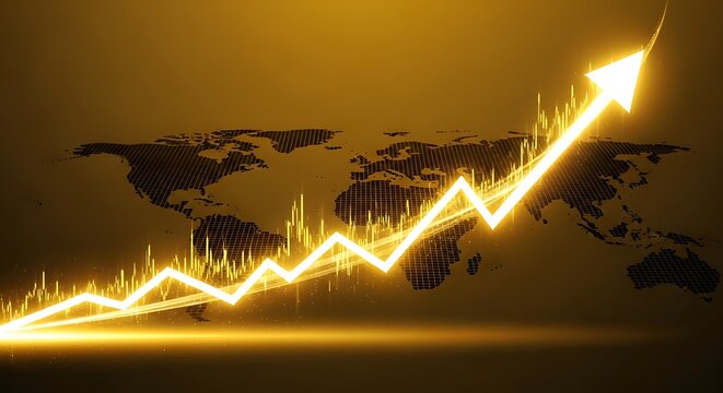 A glowing golden arrow pointing upwards over a world map, symbolizing growth.