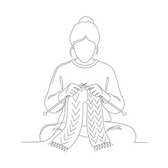 A woman knitting a scarf in one line drawing isolated on white background the minimalist art style captures the essence of craft, hobby, and creativity in a simple and elegant way