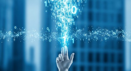 A hand touches digital data flowing in a stream of light, with a blurred building background.
