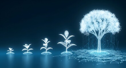 Digital illustration showing the growth stages of a plant, culminating in a full tree, all rendered in a glowing, futuristic style.