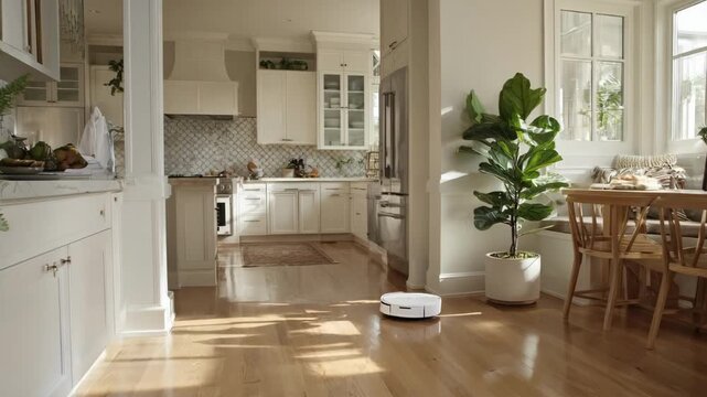 Intelligent mop robot glides over hardwood floors utilizing smart water control and precision cleaning patterns for streakfree shine in bright kitchen environment.