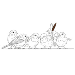 A delightful gathering of sparrows, isolated on white background, perched together on a branch, their feathers ruffled by the gentle breeze as they chirp and chatter in unison