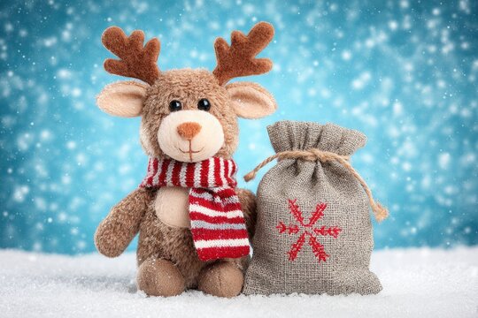 A soft reindeer plush toy wearing a red and white striped scarf stands next to a burlap gift sack. The scene is set against a snowy blue background, creating a festive atmosphere.
