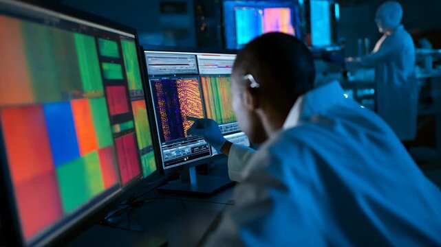 Researcher analyzing genomic sequences on multiple screens highlighting DNA patterns in vibrant colors for advanced bioinformatics data processing methods