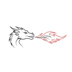 Illustration of a dragon head spitting fire, isolated on white background the dragons head is drawn in black lines, while the fire is drawn in red lines the dragon has a fierce expression
