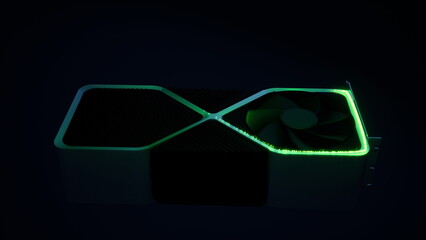 Glowing green energy flowing along graphics card circuit outline